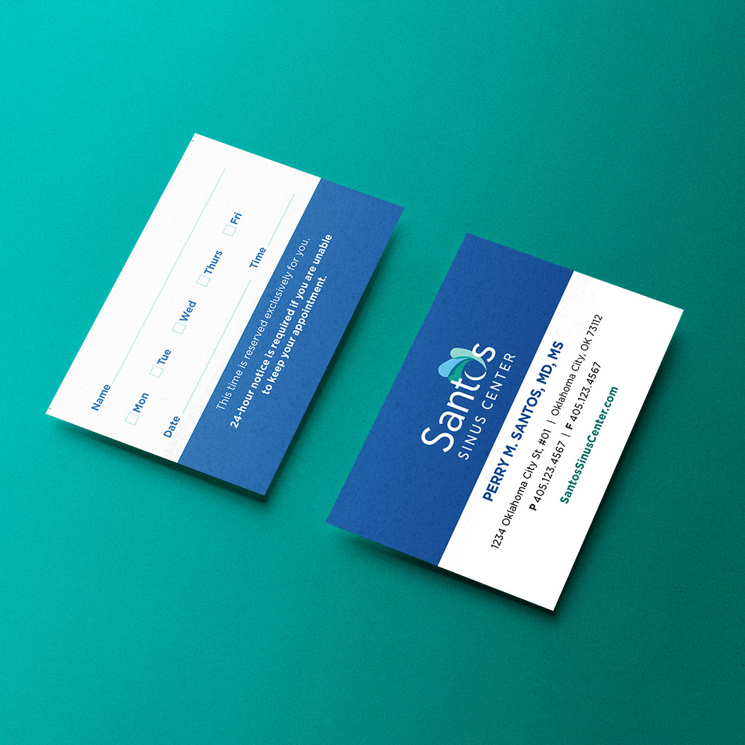 Custom design for appointment cards for Santos Sinus Center. The front shows the logo and contact information, while the back allows the appointment holder to note down the date and time of their next appointment.